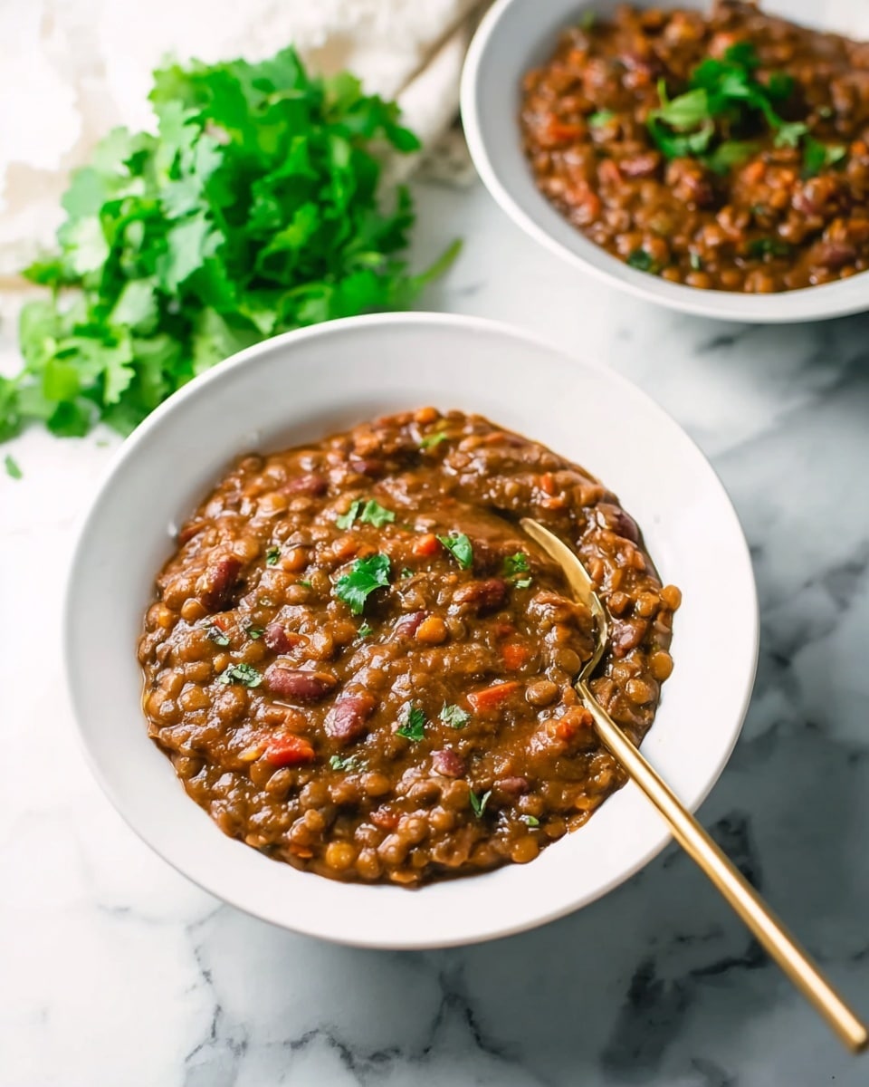 Two white round bowls sit on a white marbled surface, each filled with a thick, chunky brown stew made of lentils and beans. The stew has visible small pieces of red and green vegetables mixed in, adding spots of color to the rich texture. One bowl is in the foreground with a gold spoon resting inside, the handle stretching to the right. Behind it, the second bowl is partially visible and slightly out of focus. On the upper left side, a bunch of fresh green cilantro adds a bright, leafy contrast to the scene. Photo taken with an iphone --ar 4:5 --v 7