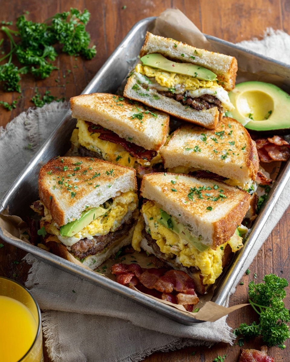 A metal tray holds multiple breakfast sandwiches each cut in half, showing three main layers: the top and bottom toasted white bread with a golden brown crispy texture speckled with green herbs, a fluffy yellow scrambled egg layer, and a middle layer of browned sausage patty and crispy bacon strips, along with bright green slices of avocado peeking out. The sandwiches are arranged over paper lining inside the tray with extra avocado slices and bacon pieces around. The tray sits on a wooden table with scattered fresh parsley and a beige cloth nearby, and a glass of orange juice is partially visible at the bottom. Photo taken with an iphone --ar 4:5 --v 7