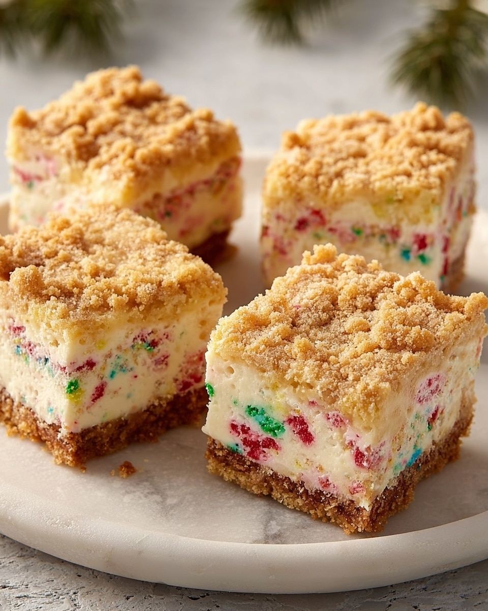 The image shows five square pieces of a dessert placed on a round white plate with a slightly textured surface. Each piece has three visible layers: a crumbly light brown crust at the bottom, a thick middle layer of creamy white filling with colorful red, green, and yellow sprinkles mixed in, and a top layer of crumbly light brown topping that looks soft and slightly coarse. The dessert pieces are arranged close together, with the white marbled texture surface softly visible around the plate's edges. photo taken with an iphone --ar 4:5 --v 7