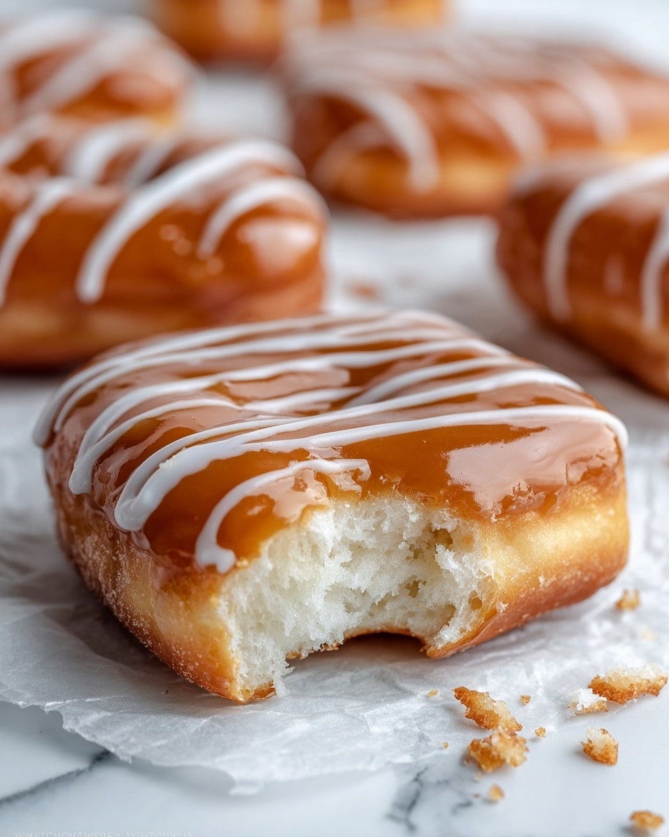 The image shows a close-up of a rectangular doughnut with a bite taken out of the front side, revealing a soft, airy, and white inside texture. The doughnut is topped with a thick, shiny caramel glaze covering the entire top layer, and thin white icing lines drizzled evenly across the caramel surface. Around the doughnut, there are small crumbs scattered on crinkled white parchment paper laid over a white marbled surface. Several other similar doughnuts can be seen blurred in the background. photo taken with an iphone --ar 4:5 --v 7