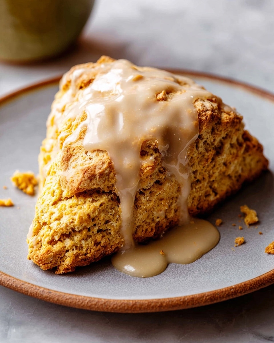 A single large, triangular scone with a golden-brown, crumbly texture sits on a white plate, topped with a thick layer of smooth beige glaze that gently drips down the side, pooling slightly on the plate; the scone’s surface shows visible cracks and a rustic, homemade look with small crumbs scattered nearby, all set against a white marbled texture background. photo taken with an iphone --ar 4:5 --v 7