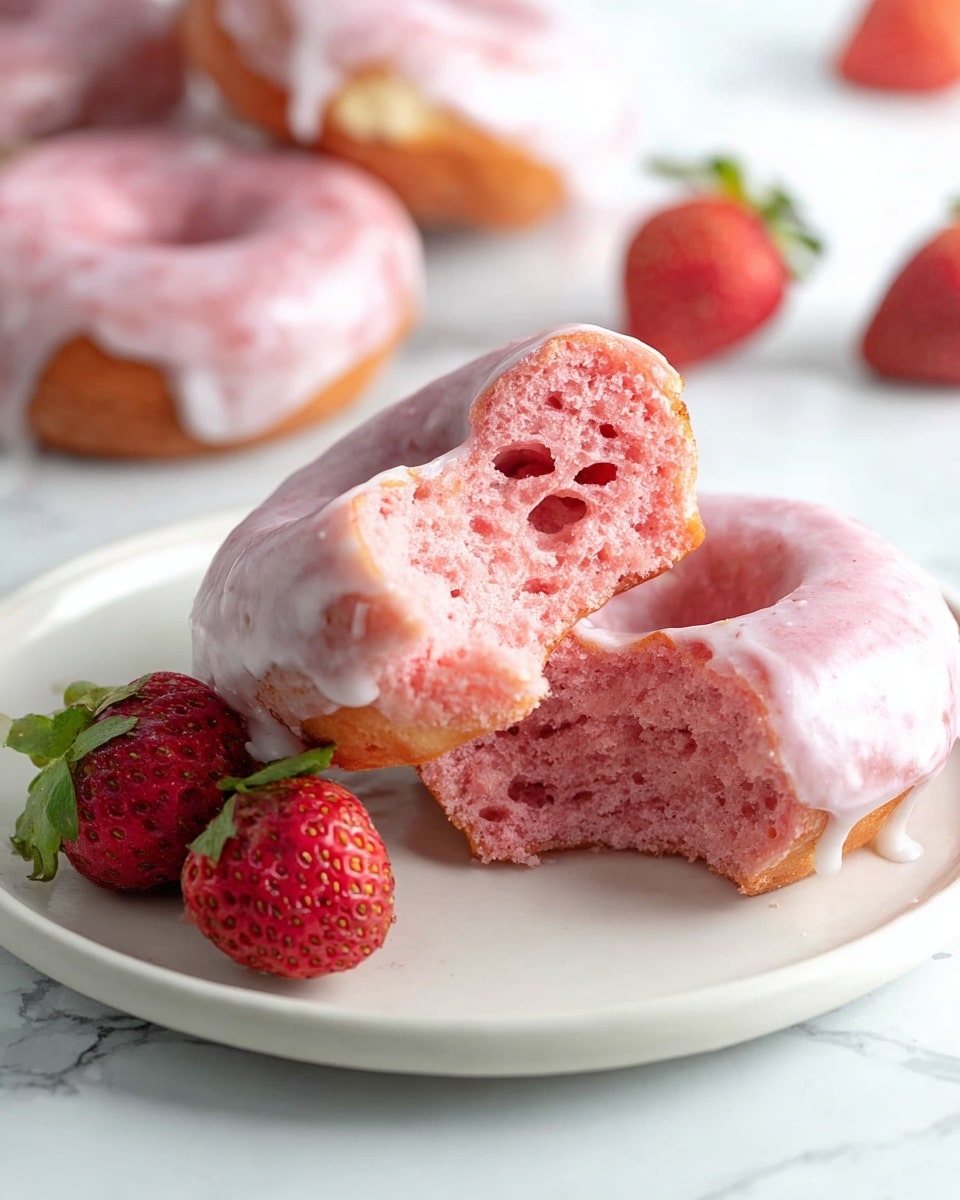The image shows a white plate with two halves of a pink donut, both coated with a thin layer of white glaze dripping slightly down the sides. The donut’s soft, airy inside is visible, showing a bright pink, spongy texture with some small holes. Nearby on the plate are three fresh red strawberries with green leaves, adding a pop of color. In the background, two whole pink-glazed donuts rest on a white marbled surface, slightly out of focus. Photo taken with an iphone --ar 4:5 --v 7