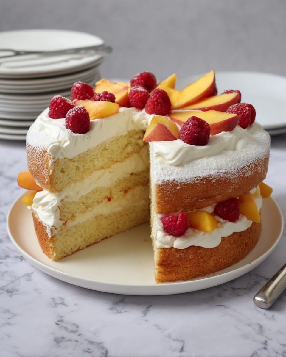 The image shows a two-layer cake with light golden sponge layers. Between the layers is a thick spread of white cream topped with sliced peaches. The top layer has another thick spread of white cream decorated with whole raspberries, peach slices, and a light dusting of powdered sugar. The cake sits on a white plate set on a white marbled surface. In the background, there is a stack of white plates and a silver cake knife with a smooth handle. Photo taken with an iphone --ar 4:5 --v 7