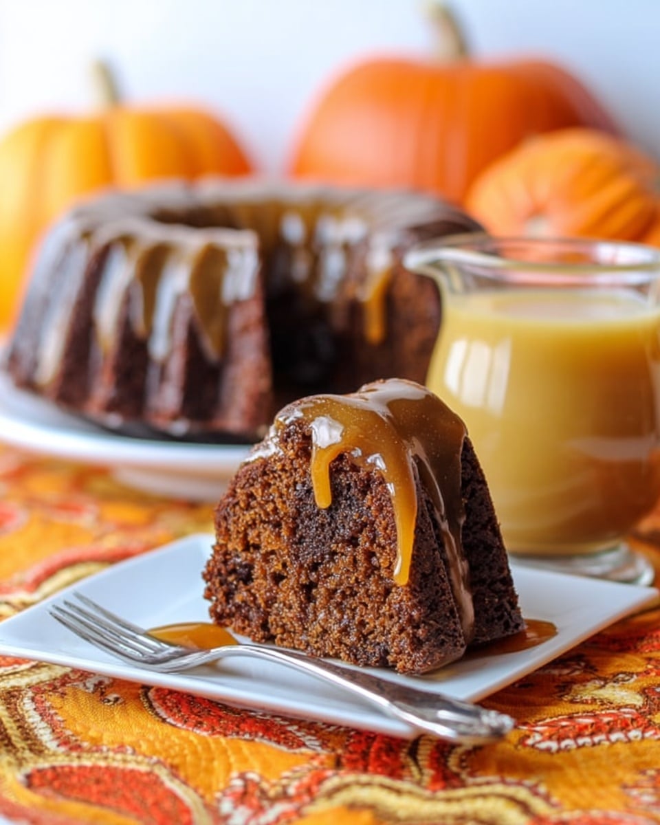 A close-up of a slice of dark brown bundt cake with a shiny, thick caramel glaze dripping down its sides and pooling slightly at the base, placed on a white square plate with a silver fork next to it. The cake slice shows a moist and dense texture, with rich color variations inside. In the background, a whole bundt cake with the same glaze and texture sits slightly out of focus on a white plate. To the right of the cake, there is a clear glass jug filled with pale yellow sauce or syrup. The scene is set on a bright orange and yellow patterned cloth, with a soft blur of orange pumpkins in the distant background, all on a white marbled textured surface. Photo taken with an iphone --ar 4:5 --v 7