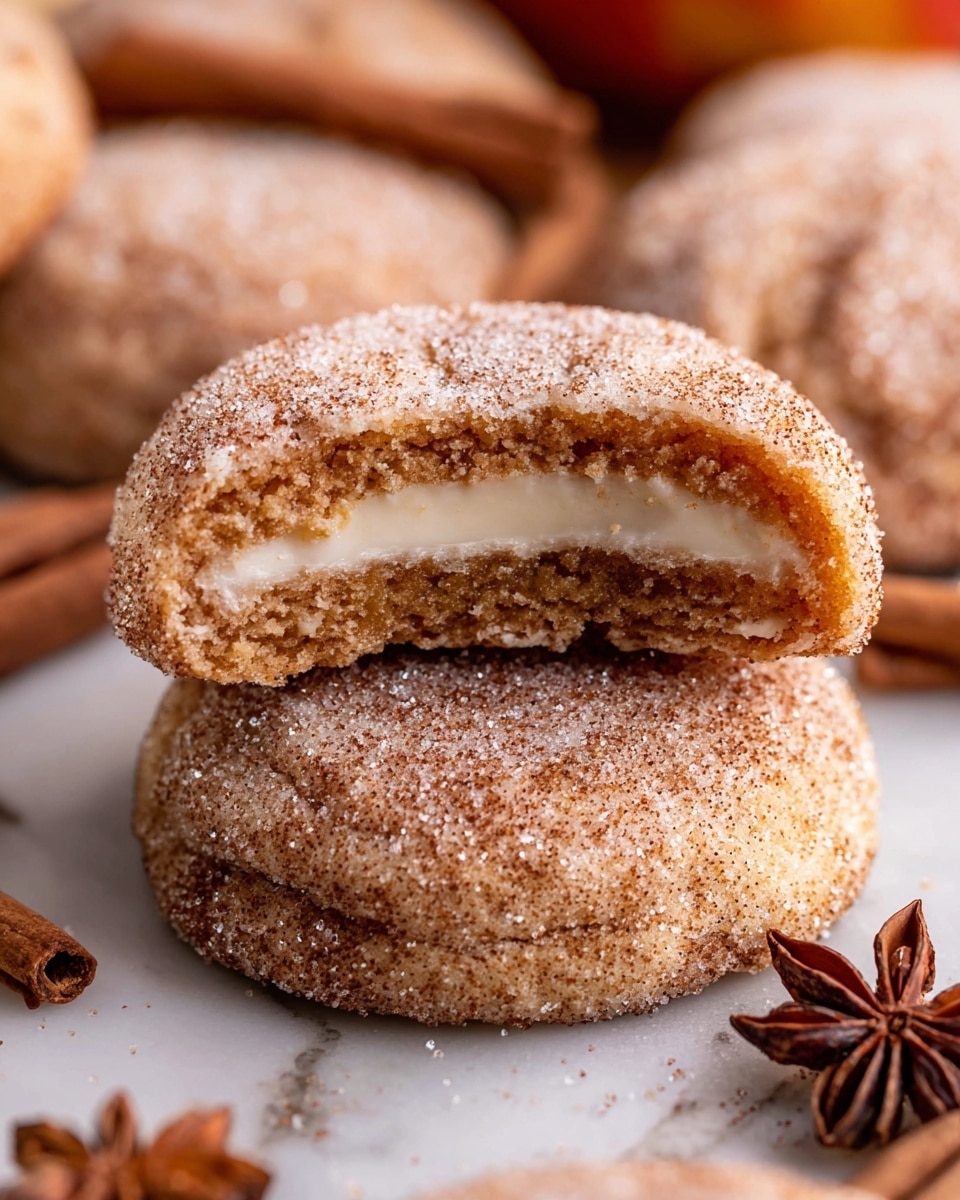 The image shows a stack of two soft, round cookies covered in a light dusting of granulated sugar and cinnamon, sitting on a white marbled surface. The top cookie is broken in half, revealing two layers inside: a thin, light brown cookie exterior and a thick, creamy white filling in the middle. Around the stack, there are more whole cookies with similar sugar coating, a dark brown star anise, and cinnamon sticks adding warm tones to the scene. The soft texture of the cookies contrasts with the fine sugar coating and creamy center. photo taken with an iphone --ar 4:5 --v 7