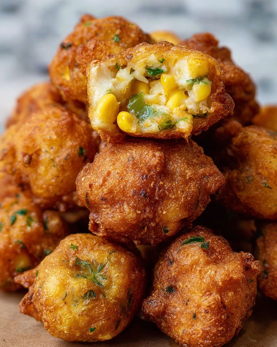 The image shows a close-up of several golden brown fritters with crispy and rough outer layers, each roughly round in shape with a bumpy texture and bits of green herbs visible on some surfaces. One fritter is cut open and placed on top of the others, revealing a soft, light interior filled with yellow corn kernels and green pepper pieces, creating a mix of yellow, green, and white inside. The whole stack sits on a backdrop of white marbled texture, making the warm colors of the fritters stand out clearly. photo taken with an iphone --ar 4:5 --v 7