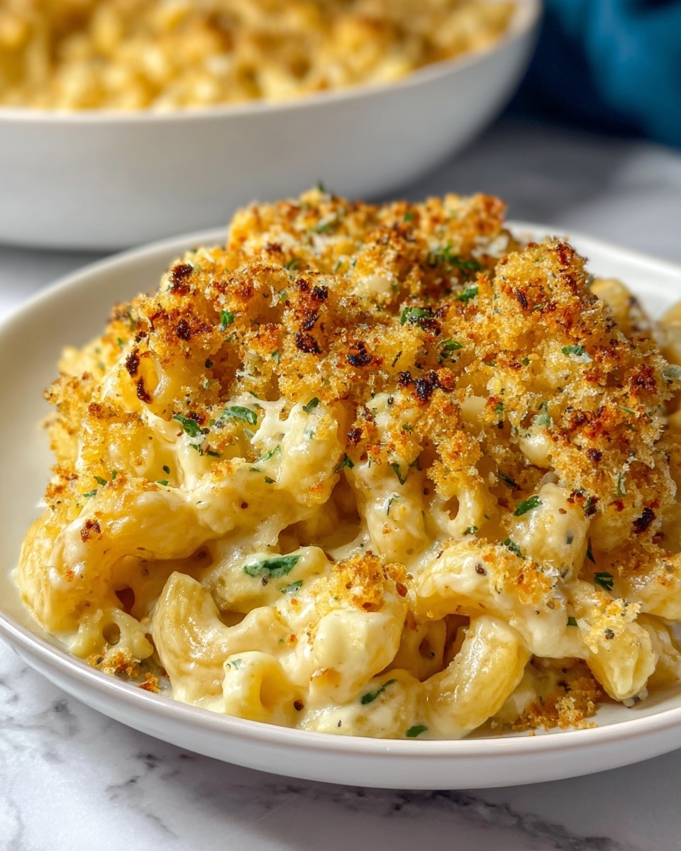 A close-up of a creamy macaroni and cheese dish served on a white plate set on a white marbled surface. The dish has two main layers: the bottom layer is elbow macaroni pasta covered in a smooth, thick, pale yellow cheese sauce with some small green herb pieces mixed in, and the top layer is a golden brown breadcrumb crust that looks crunchy and toasted. The breadcrumb topping is unevenly sprinkled over the cheese, creating a textured surface with bits of green herbs scattered throughout. In the background, a white plate filled with more of the macaroni and cheese is slightly out of focus. photo taken with an iphone --ar 4:5 --v 7