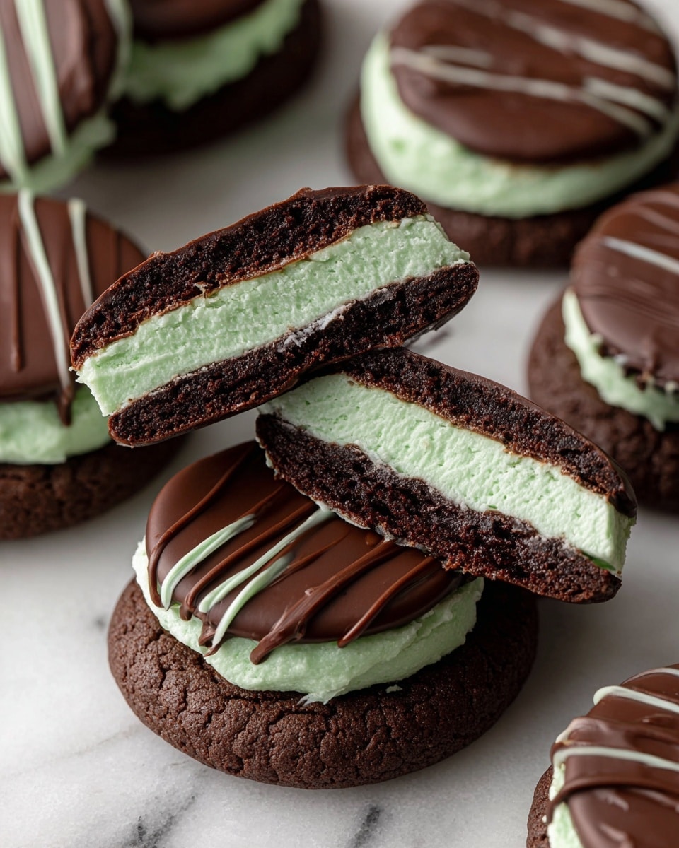The image shows several round chocolate mint cookies on a white marbled surface. Each cookie has three layers: the bottom layer is a dark, rich, chocolate cookie base; the middle layer is thick and fluffy light green mint cream; the top layer is a smooth dark chocolate disk with thin dark chocolate drizzle lines crossing it. One cookie is cut in half, showing the thick mint cream and chocolate layers clearly. The colors mainly are dark brown from the chocolate and light green from the mint cream, with a soft texture in the cream and a firm texture in the chocolate parts. Photo taken with an iphone --ar 4:5 --v 7