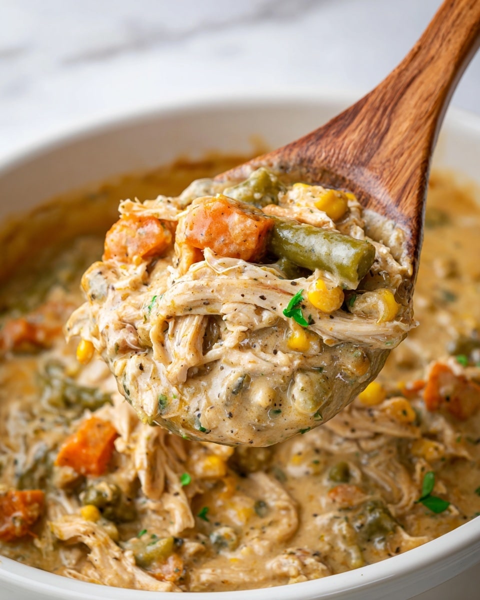 A close-up of a wooden spoon lifting a creamy stew from a white bowl, showing a thick mix with visible layers of shredded tender chicken, bright orange carrot cubes, yellow corn, green beans, and small green herb bits scattered throughout. The stew has a rich, beige sauce with a slightly glossy texture, speckled with black pepper, and the background shows more of the stew filling the white bowl, all set on a white marbled surface. photo taken with an iphone --ar 4:5 --v 7