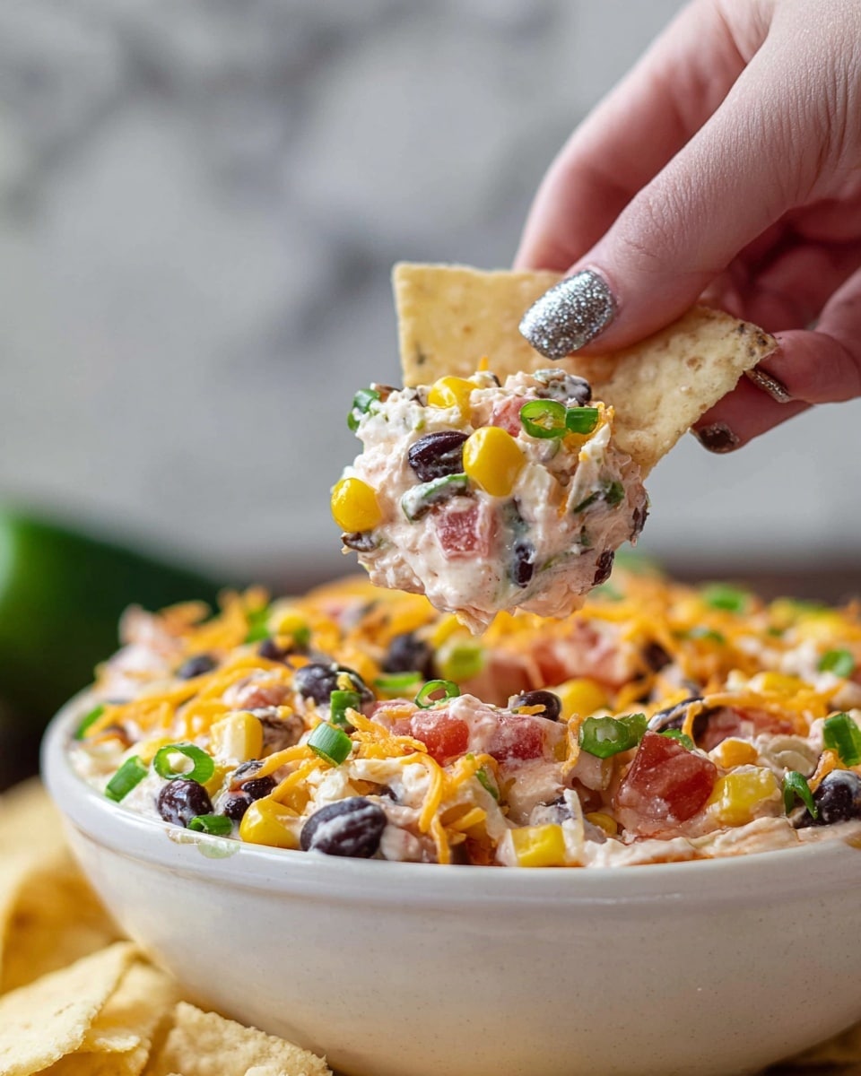 A white bowl filled with a colorful creamy dip made of visible layers of yellow corn, black beans, chopped green onions, shredded orange cheese, red diced tomatoes, and white creamy sauce mixed together. In the foreground, a white chip holds a scoop of the same dip, showing the mixed textures and colors closely. A woman's hand with polished nails is holding the chip above the bowl. The background is a white marbled surface with soft lighting. photo taken with an iphone --ar 4:5 --v 7