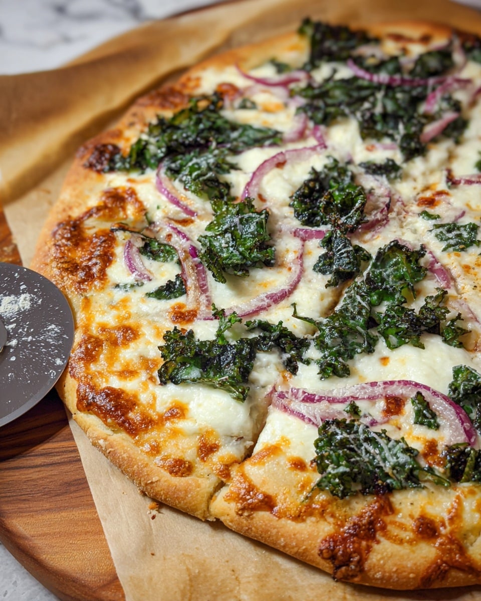 A close-up view of a freshly baked pizza with a golden-brown crust that is fluffy and slightly uneven around the edges. The first layer is melted white mozzarella cheese spread evenly across the surface, with bubbles and browned spots. Scattered on top are pieces of dark green kale, slightly wilted from cooking, and thin, curved slices of purple-red onion. Some grated cheese is sprinkled over the toppings, adding texture. The pizza is resting on a piece of parchment paper placed on a wooden board, and a metal pizza cutter is nearby. Behind the pizza is a wooden surface, replaced by a white marbled texture. Photo taken with an iphone --ar 4:5 --v 7