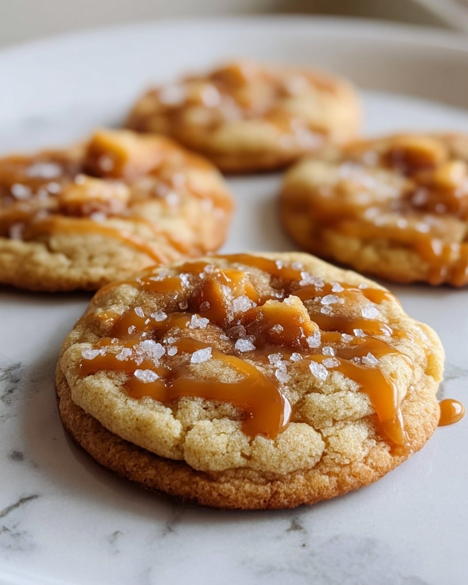 The image shows four round cookies on a white plate placed on a white marbled surface. The cookies have a golden-brown base with a slightly darker, crisp edge. The surface of each cookie is slightly bumpy with small caramel chunks embedded. Swirls of glossy caramel sauce are drizzled on top of the cookies, with small white crystals of coarse salt sprinkled over the caramel, adding texture and shine. The focus is on the closest cookie, making its details clear, while the other cookies are softly blurred in the background. Photo taken with an iphone --ar 4:5 --v 7