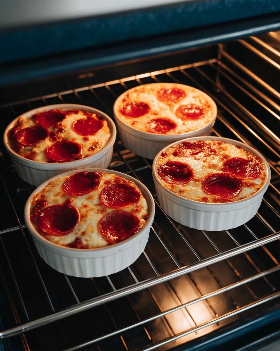 Four white ceramic ramekins sit inside an oven on a metal rack, each filled with a mini pizza. The food has a base layer of golden brown cooked dough topped with smooth melted white cheese, covered with bright red tomato sauce peeking through in spots, and finished with evenly spaced dark red, slightly curled pepperoni slices, three to four on each mini pizza. The light from the oven gives the food a warm and appetizing glow. photo taken with an iphone --ar 4:5 --v 7