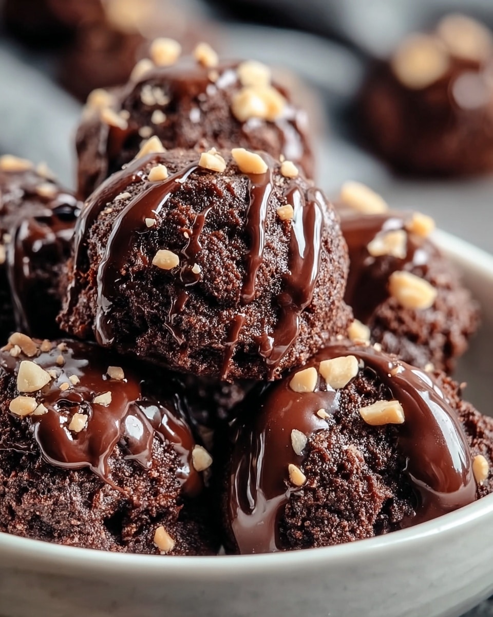 A close-up view of round, dark brown chocolate brownie bites arranged in a white bowl, each bite showing a textured, crumbly surface. The bites are generously drizzled with smooth, shiny chocolate sauce creating glossy waves over the rough tops. Small, light beige nut pieces are sprinkled on each brownie bite, adding contrast and texture. The bowl sits on a white marbled texture, with a soft focus on more brownie bites in the background, emphasizing the rich, dense chocolate treats in the foreground. Photo taken with an iphone --ar 4:5 --v 7