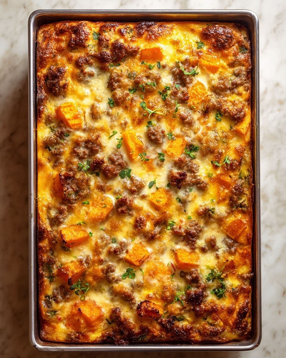 A baked casserole in a rectangular metal pan features a golden brown, bubbly top layer with patches of browned edges, showing soft orange chunks of butternut squash scattered throughout. The surface has a textured mix of melted cheese and cooked ground meat in small clusters, with finely chopped green vegetables dispersed evenly. Tiny sprigs of fresh green herbs are sprinkled on top, adding a fresh touch to the warm, rich colors. The pan sits on a white marbled texture background. photo taken with an iphone --ar 4:5 --v 7
