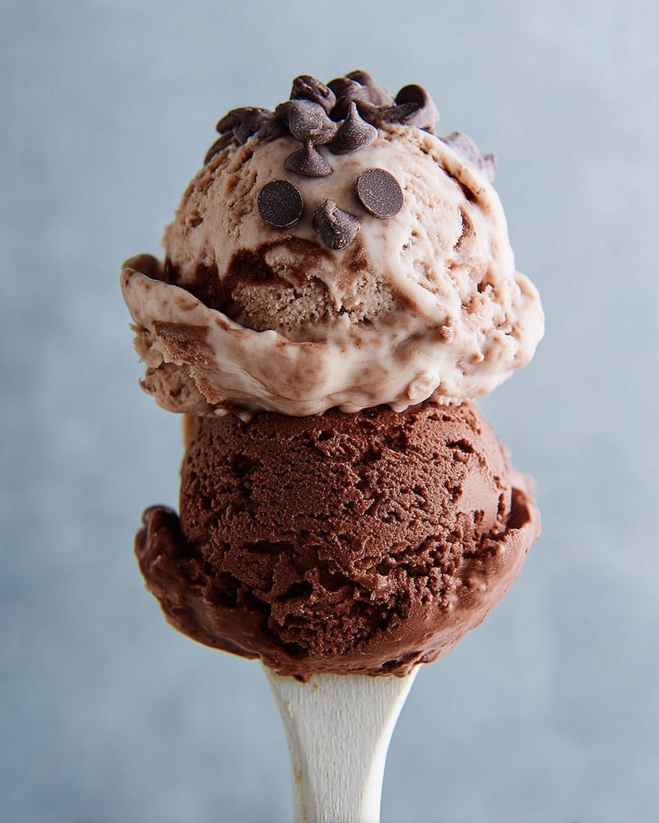 The image shows a close-up of two scoops of creamy chocolate ice cream stacked on a white wooden spoon. The bottom scoop is a rich, dark chocolate shade with a smooth, slightly ridged texture, while the top scoop is a lighter milk chocolate color with swirls of chocolate mixed into the cream. Small, round dark chocolate chips are sprinkled generously on top, adding a textured contrast. The background is a soft blue tone that highlights the ice cream, and the focus is sharp, capturing the creamy and melting details of the ice cream. Photo taken with an iphone --ar 4:5 --v 7