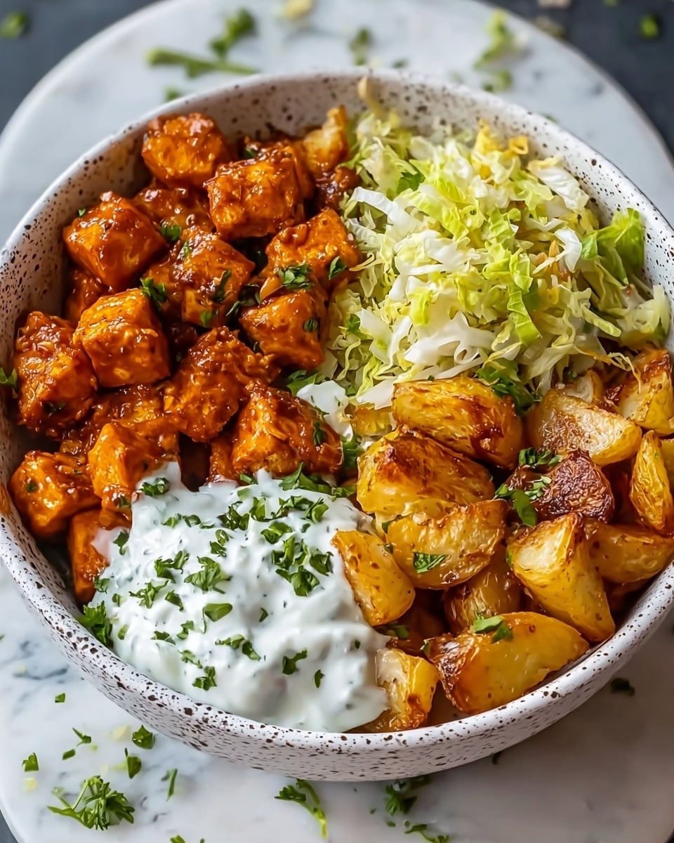 A white bowl filled with four main parts: on the left side, there are several small, evenly cut, shiny orange-brown pieces of grilled chicken with a glazed texture; at the bottom center, there is a dollop of thick white sauce with visible green herb bits sprinkled on top; to the right of the sauce, golden roasted potato chunks with a slightly crispy look are piled up; the top right section contains a layer of finely shredded pale green cabbage. The bowl sits on a white marbled surface with some scattered green herbs around it. photo taken with an iphone --ar 4:5 --v 7