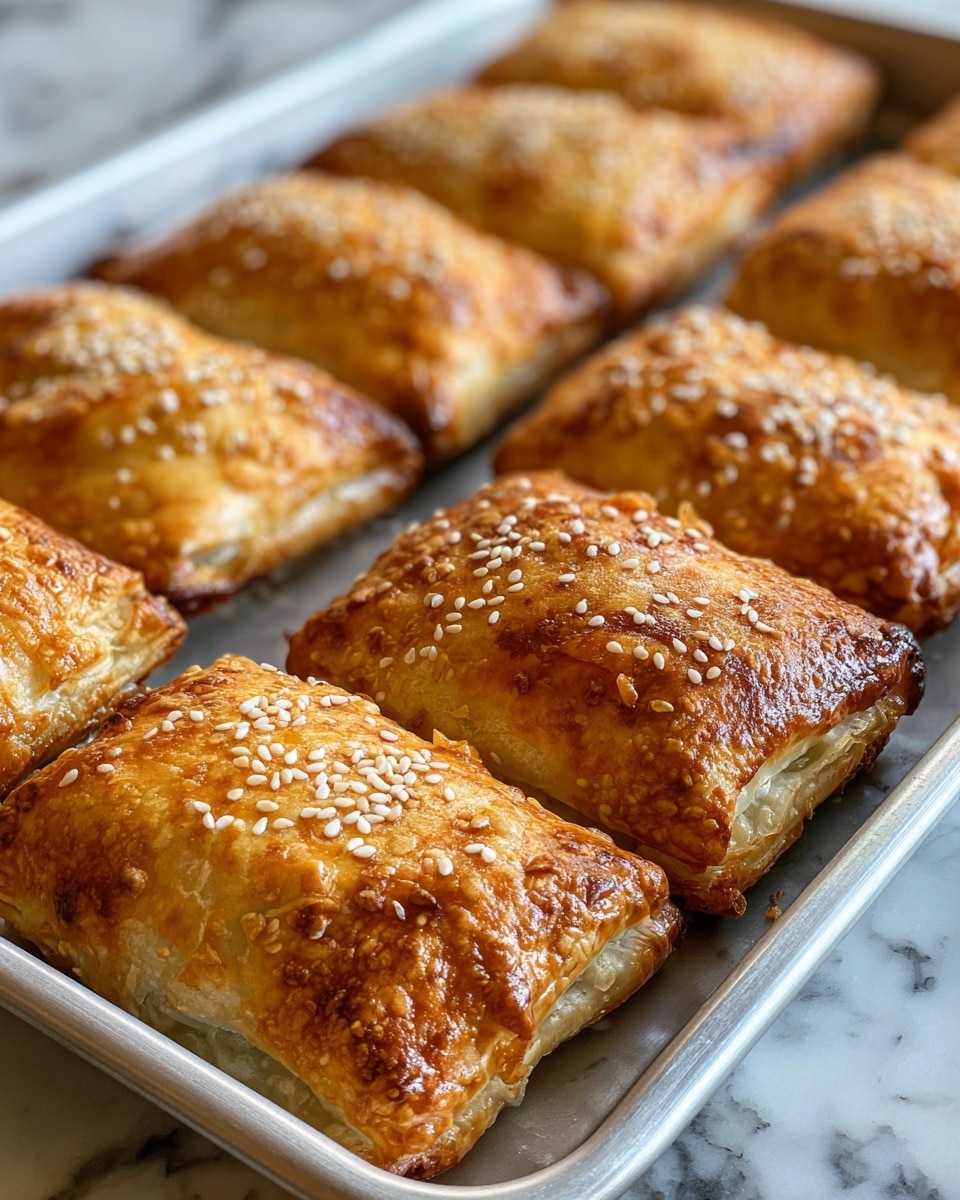 The image shows a close-up of eight golden-brown baked pastries arranged in two rows on a metal baking tray. Each pastry is rectangular with a slightly wrinkled and crisp outer layer, topped with small white sesame seeds scattered across the surface. The pastries have a textured, bubbly crust with some areas darker and more toasted than others, giving them a fresh, crunchy look. The baking tray is placed on a white marbled surface, adding a clean contrast to the warm tones of the pastries. The photo taken with an iphone --ar 4:5 --v 7