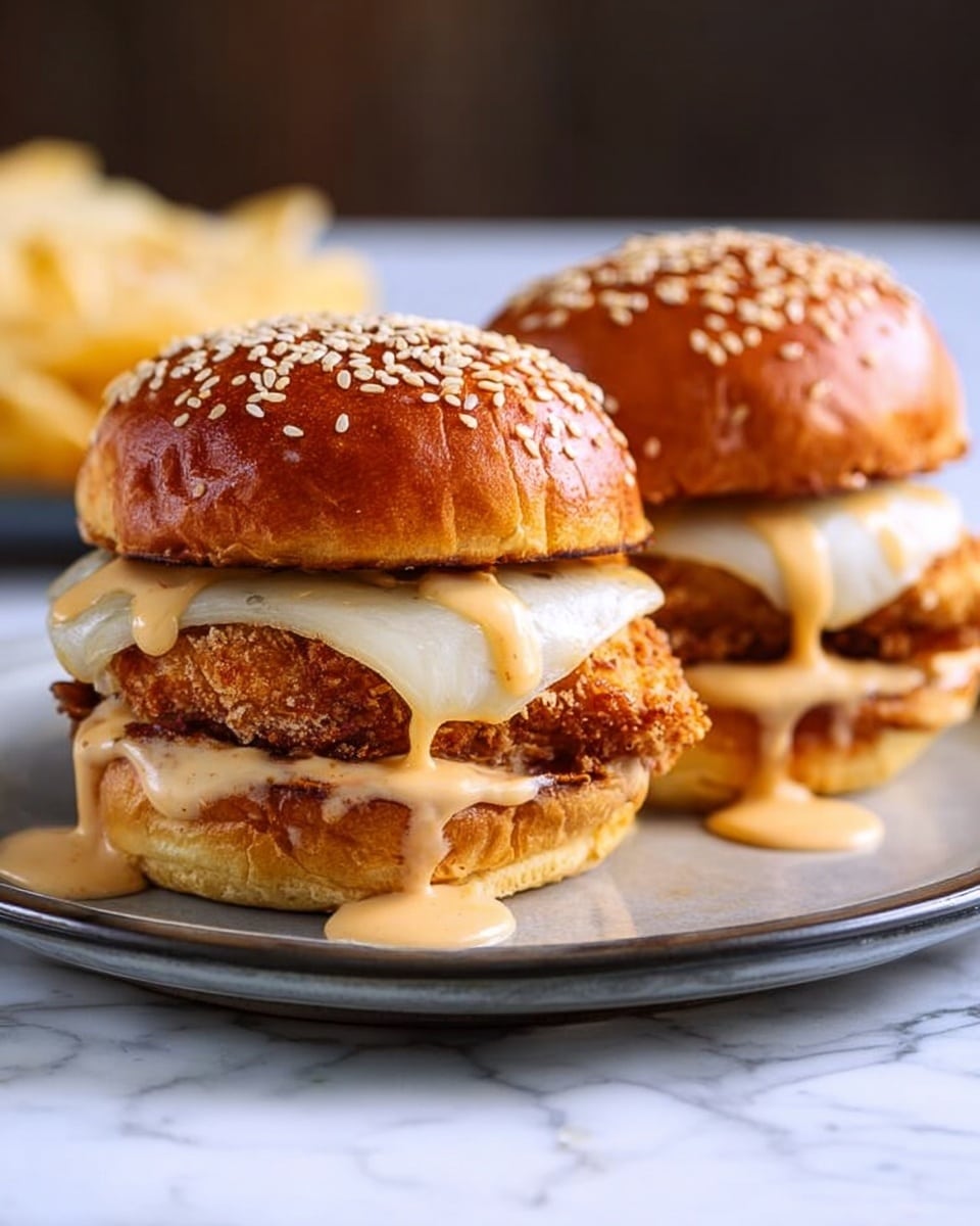 Two crispy chicken sandwiches sit side by side on a white plate with a white marbled texture beneath. Each sandwich has three layers: a shiny sesame seed-topped golden brown bun on top, a thick crunchy golden fried chicken patty below it, followed by a layer of melted white cheese that drapes over a second chicken patty at the bottom, all resting on the bottom bun. A light orange creamy sauce drips down the sides of the chicken and pools slightly on the plate around the sandwiches. Some potato chips are barely visible in the background. Photo taken with an iphone --ar 4:5 --v 7
