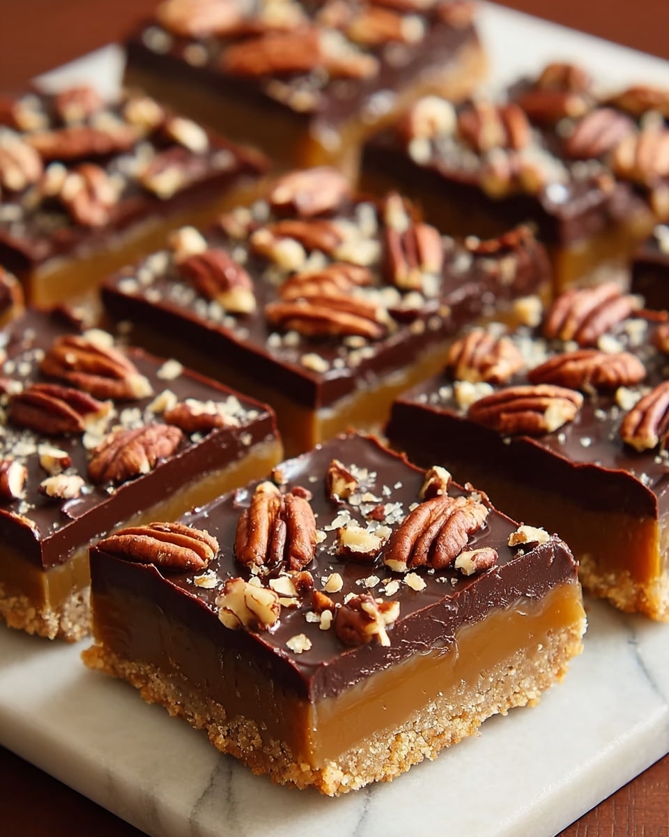 A close-up of nine square dessert bars arranged in a 3x3 grid on a white marbled tray, each bar showing three layers: a bottom layer of crumbly golden-brown crust, a middle layer of smooth caramel with a light amber color, and a top layer of shiny dark chocolate ganache sprinkled with whole and chopped pecans in rich brown and creamy beige tones. The bars have clean, sharp edges and are evenly sized, with the glossy chocolate reflecting soft light. Photo taken with an iphone --ar 4:5 --v 7