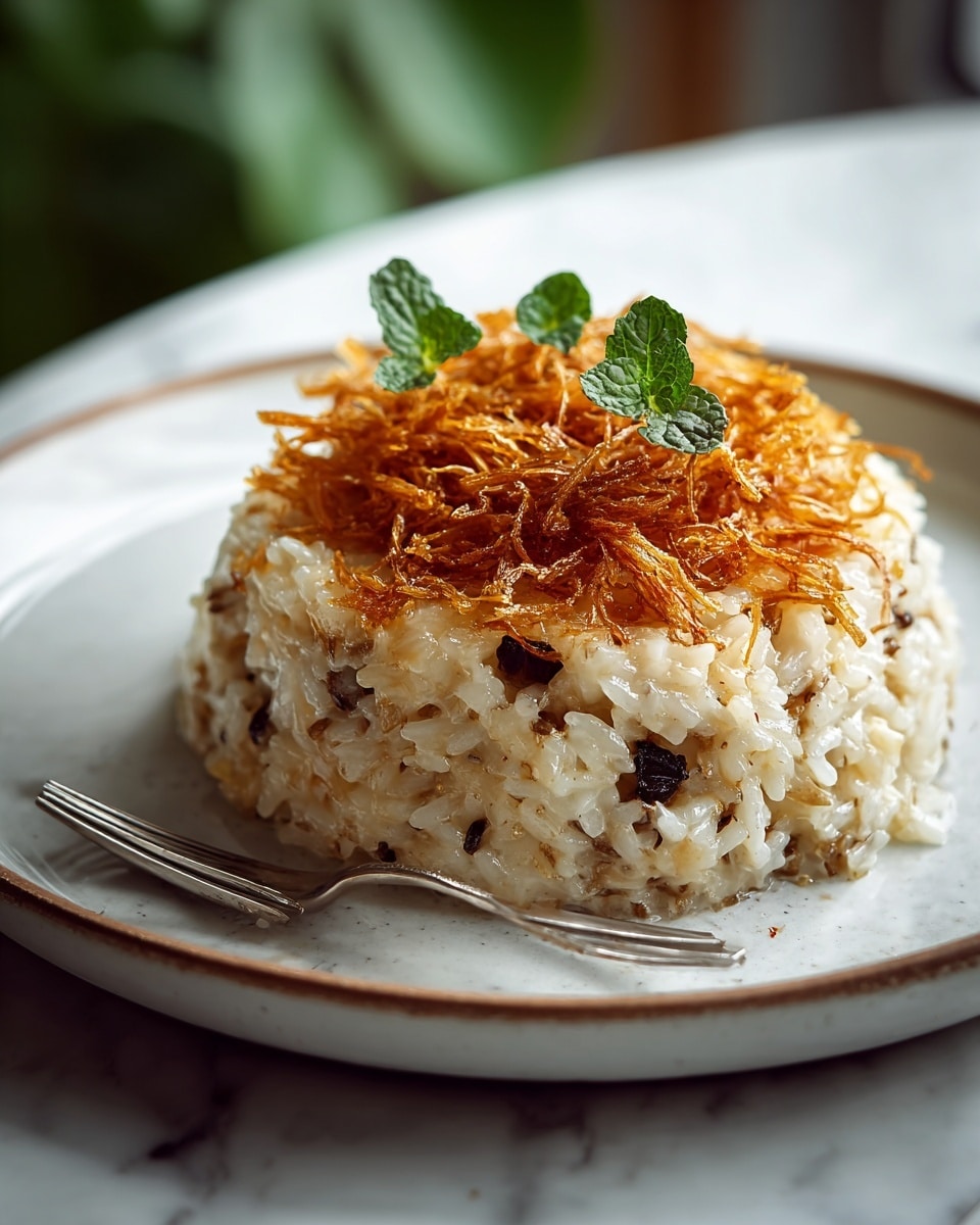 A round mound of creamy rice with mixed small dark bits is placed in the center of a white plate, showing a soft and moist texture. On top of the rice, there is a golden layer of crispy fried thin strips, adding a crunchy contrast. Two small green leaves sit delicately on the top center of the crispy layer. A silver fork lies next to the rice on the plate. The photo is taken on a white marbled surface with a blurred green background visible behind the plate. photo taken with an iphone --ar 4:5 --v 7