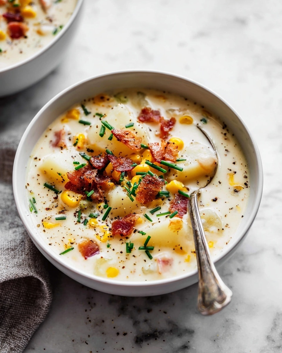 A white bowl filled with creamy chowder soup, showing multiple layers including pale creamy broth, white chunks of potatoes and pieces of yellow corn kernels, topped with small crispy brown bacon bits and bright green chopped chives, with a sprinkle of black pepper over the top; a silver spoon rests inside the bowl on a white marbled surface. photo taken with an iphone --ar 4:5 --v 7