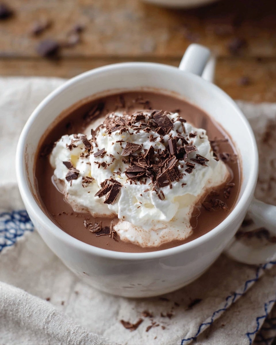A white ceramic cup filled with smooth, dark brown hot chocolate forms the base layer. On top is a generous, fluffy layer of white whipped cream with a soft texture, slightly melting into the drink. Dark brown chocolate shavings are scattered over the whipped cream and the surface of the hot chocolate, adding a rough texture and rich color contrast. The cup sits on a brown wooden surface with a light-colored cloth with blue stitching partly visible on the right side. Photo taken with an iphone --ar 4:5 --v 7