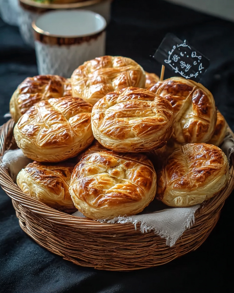 A round woven basket filled with golden brown pastries that have a shiny, flaky top layer with detailed crisscross patterns. Each pastry is round, showing multiple layers of light, crispy dough visible on the edges, with a slightly puffy and soft texture. The basket is placed on a dark cloth with a white marbled texture surface beneath, and a white cup with subtle brown lines is blurred in the background. A small sign with delicate drawings and writing is also visible inside the basket near the pastries, photo taken with an iphone --ar 4:5 --v 7