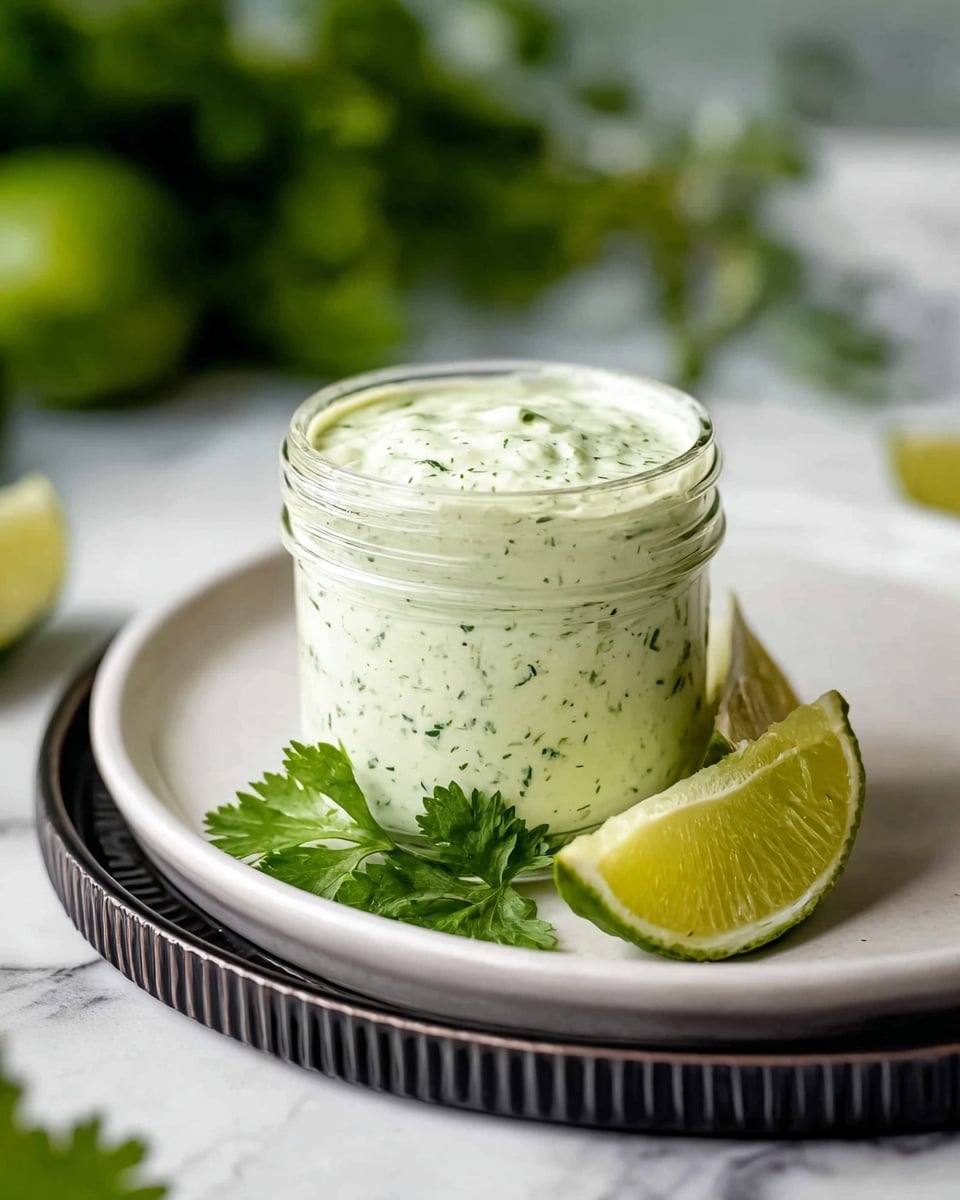 A small clear glass jar filled with a creamy, pale green sauce speckled with darker green herbs is placed on a white plate. Two lime wedges, one upright and one lying down, rest in front of the jar along with a fresh cilantro leaf. The white plate sits on a round black tray with ridged edges, all set on a white marbled surface. The background is softly blurred with green leaves and lime halves visible. Photo taken with an iphone --ar 4:5 --v 7