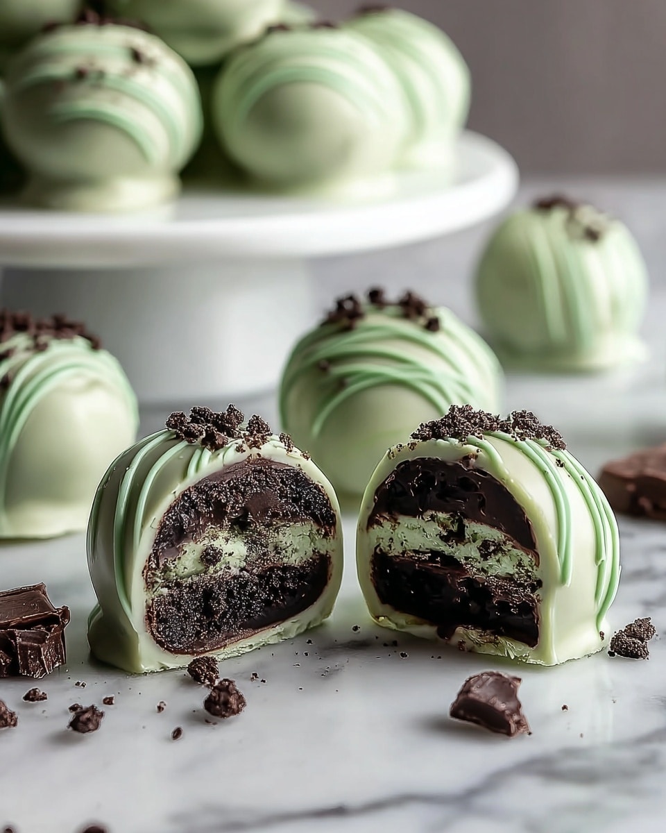 The image shows several round truffles with a smooth, light green outer coating that has a slightly shiny texture. Each truffle is decorated with thin, wavy lines of the same light green color and topped with small dark brown crumbs. Two truffles in the front are cut in half, revealing multiple layers inside: a dark, dense center surrounded by a layer of dark chocolate crumbs mixed with tiny bits of light green, all encased by the smooth green coating. The truffles rest on a white marbled surface with scattered dark brown crumbs and small broken pieces around them. In the background, there is a white plate holding more whole truffles. The photo taken with an iphone --ar 4:5 --v 7