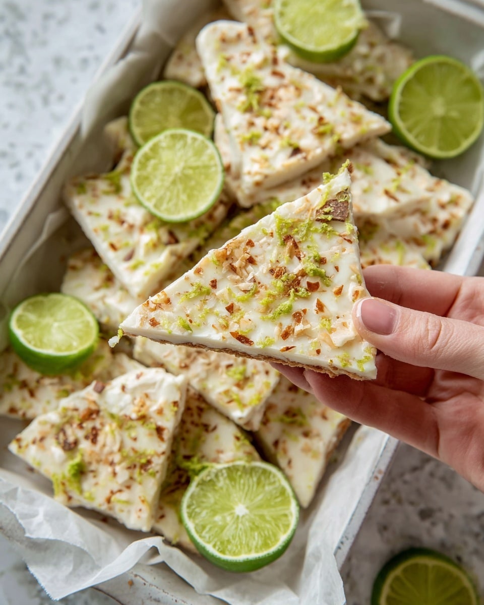 The image shows a woman's hand holding a broken triangular piece of white bark candy sprinkled with brown and green bits of toasted coconut and lime zest on its surface. In the background, more pieces of the bark candy are scattered in a white tray lined with white paper, accompanied by bright green lime slices that add a fresh contrast to the dessert. The overall scene is set against a white marbled texture, highlighting the details and colors of the candy and lime slices. Photo taken with an iphone --ar 4:5 --v 7