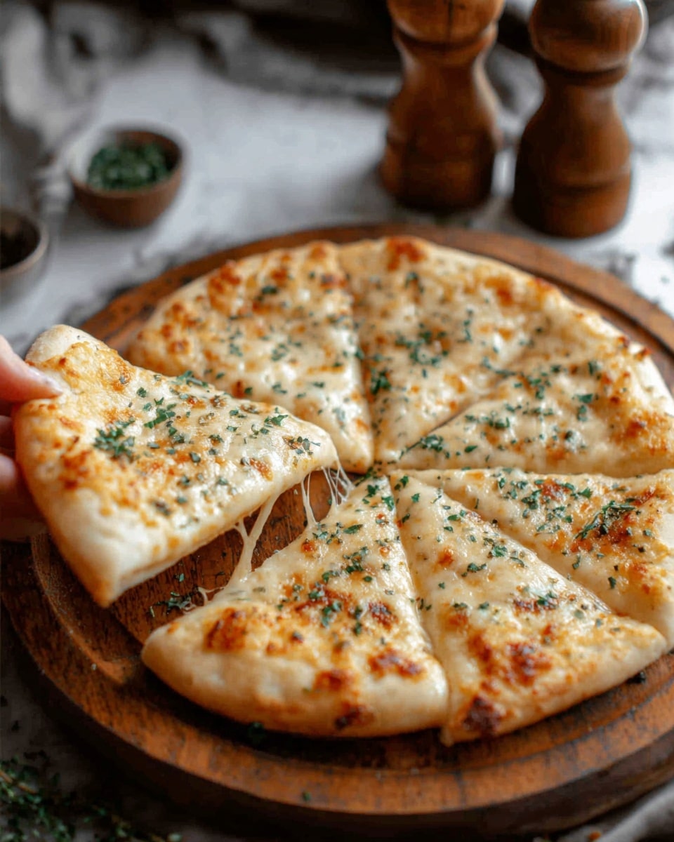A round pizza with a golden-brown crust on a wooden board, cut into six slices with one slice being lifted by a woman's hand. The pizza has a light layer of melted cheese with small browned spots and is sprinkled with chopped green herbs on top. The background is a white marbled texture with blurred items like pepper grinders and a small bowl in soft focus. The photo taken with an iphone --ar 4:5 --v 7