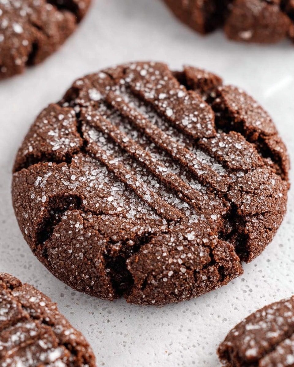 A close-up view of a soft chocolate cookie with a cracked surface and a layer of coarse sugar crystals covering it, showing clear fork marks pressed into the top. The rich dark brown cookie has a slightly rough texture with a crisp edge and looks thick and chewy. Part of another similar cookie is visible at the bottom right corner, all placed on a white marbled texture. photo taken with an iphone --ar 4:5 --v 7