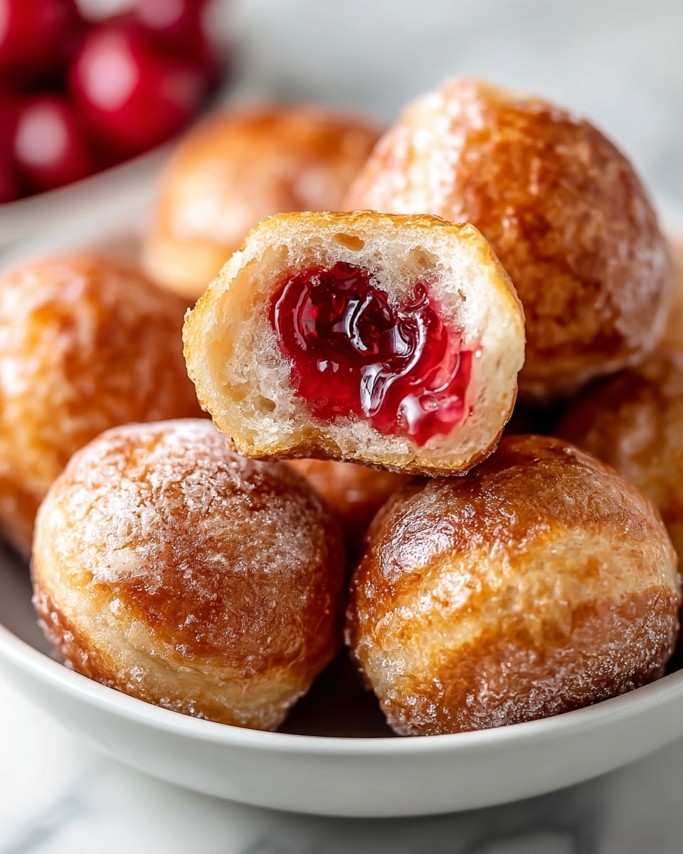 A white bowl filled with round pastries, each having a golden-brown, flaky outer crust with a shiny glaze on top. One pastry is broken open on top of others, revealing a bright red, glossy cherry filling inside. The outer crust shows a light dusting of powdered sugar and a slightly cracked texture. The background features red cherries out of focus on a white marbled surface. photo taken with an iphone --ar 4:5 --v 7