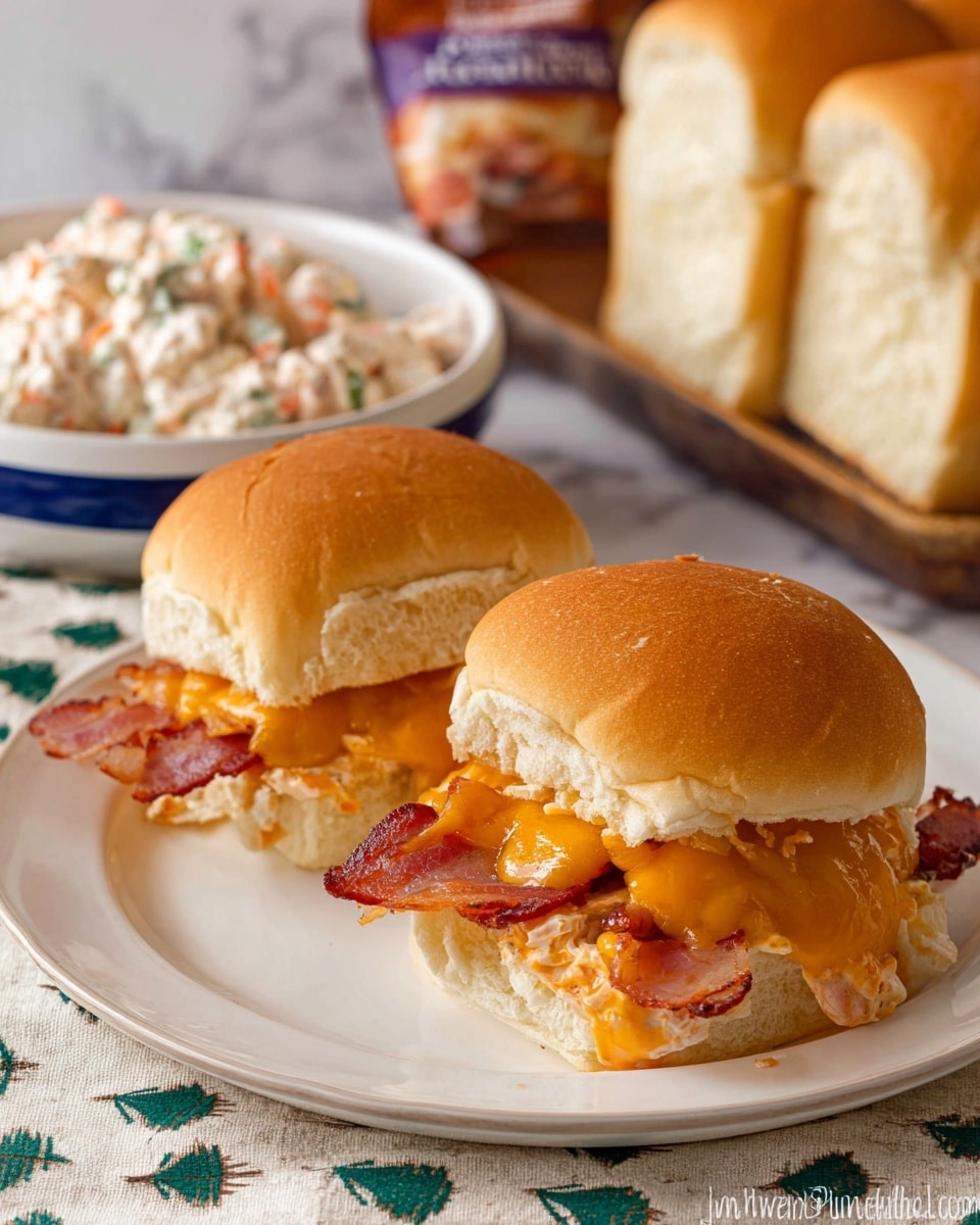 Two sandwiches sit on a white plate with soft, slightly shiny golden-brown buns. Each sandwich has a layer of melted cheese that is gooey and orange-yellow, oozing slightly onto the top and bottom buns. Below the cheese, there is a layer of crispy bacon with a reddish-brown color and a slight shine. The buns look soft and fluffy with light creases on top. Behind the plate, there is a bowl filled with a creamy, chunky salad that looks white with bits of orange and green mixed in. A bag of bread stands upright in the background. The whole scene is set on a cloth with small tree patterns, placed on a white marbled surface. Photo taken with an iphone --ar 4:5 --v 7