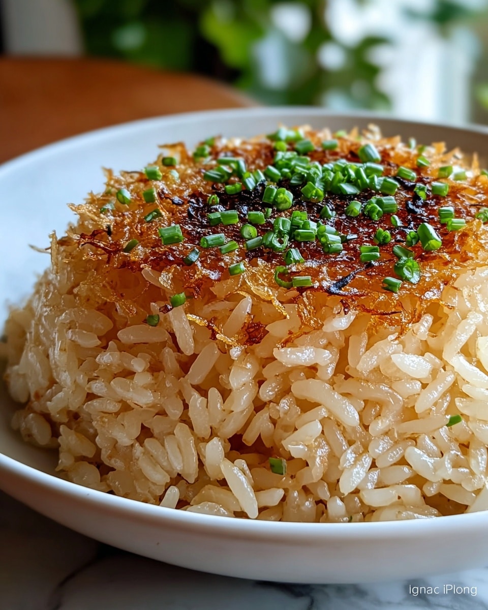 The image shows a close-up of a dish with two layers in a white pan. The base layer consists of soft, cooked white rice with slightly separated grains. The top layer is a golden brown, crispy crust of thinly sliced fried onions, sprinkled with finely chopped green herbs. A silver fork is partially inserted into the rice at the bottom right corner. The background is blurred with a white marbled texture surface visible underneath the pan, adding a clean and bright atmosphere. Photo taken with an iphone --ar 4:5 --v 7