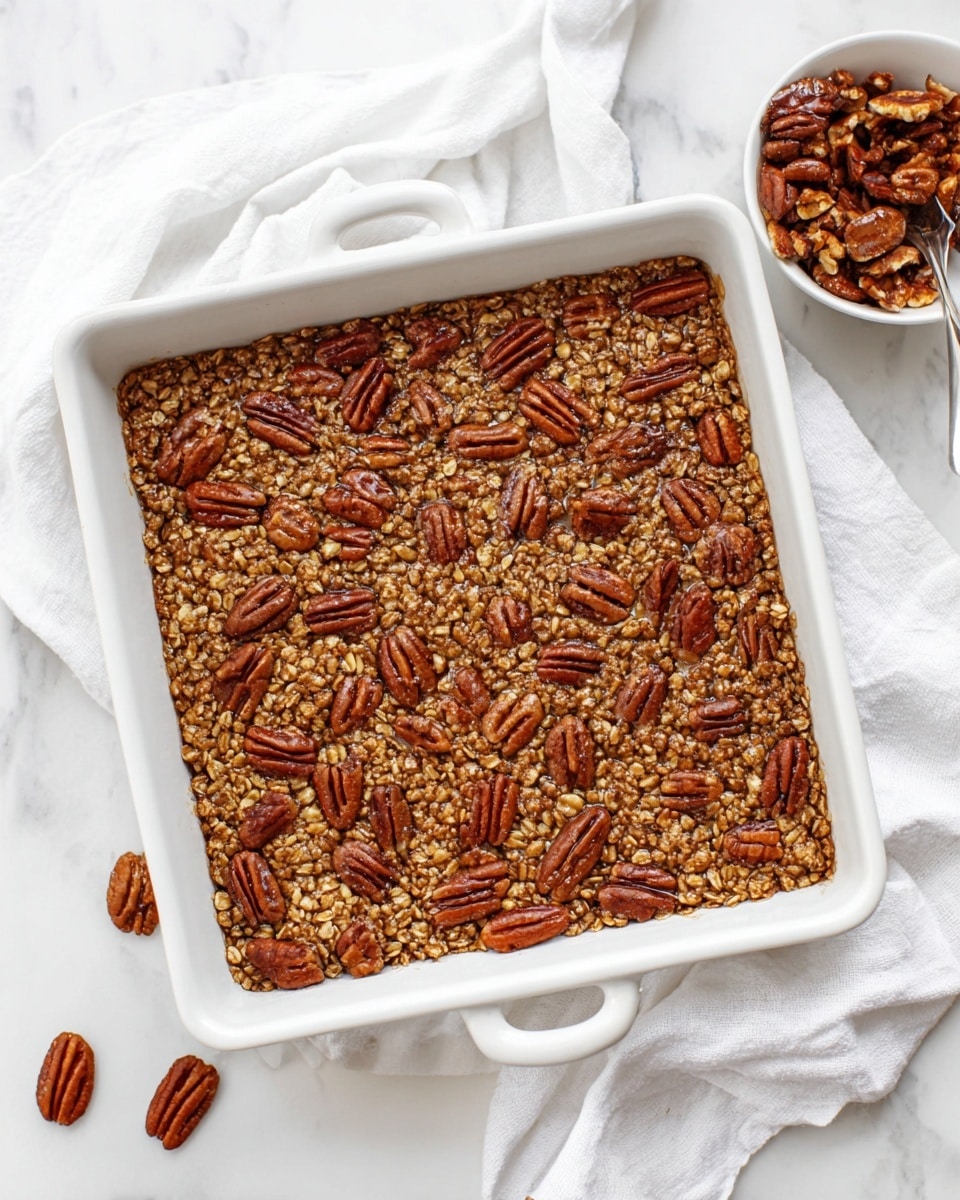 A square white baking dish filled with a baked mixture that has a textured, golden-brown oat base layer covered evenly with medium to dark brown pecan halves arranged randomly but closely packed on the top surface. The surface looks slightly glossy and crunchy with a rich toasted color on the pecans. The dish is placed on a white marbled surface with a soft white cloth draped nearby and a small white bowl of extra pecans beside it. A few pecans are scattered on the surface around the bowl. photo taken with an iphone --ar 4:5 --v 7