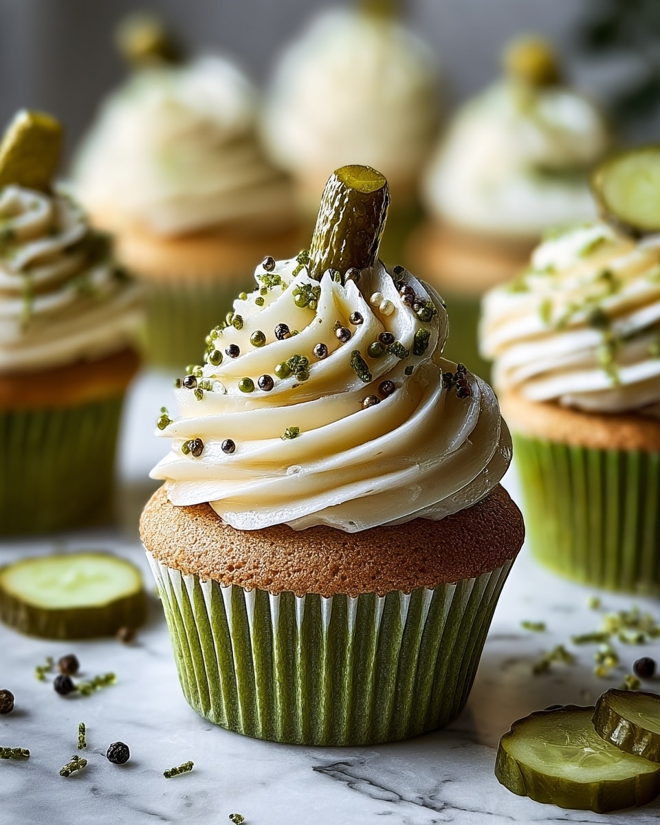 A close-up of a cupcake with three layers: the base is a light brown cake with a smooth texture, wrapped in a green liner; on top of the cake, there is a tall swirl of creamy, white frosting with ridged texture, decorated with small green sprinkles and a few black and white peppercorns scattered on it; a slice of green pickle is placed vertically at the top center of the frosting. Surrounding the cupcake are more cupcakes with the same decoration on a white marbled surface, along with some loose pickle slices and peppercorns. The background is softly blurred. Photo taken with an iphone --ar 4:5 --v 7