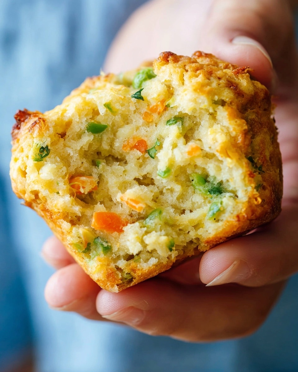 A close-up image of a broken savory muffin held by a woman's hand, showing a crumbly texture with visible bits of green peas, orange carrot shreds, and small green herbs mixed throughout the light yellow, fluffy inside, while the outside has a golden brown crust with a slightly rough surface, set against a blurred blue and white background. photo taken with an iphone --ar 4:5 --v 7