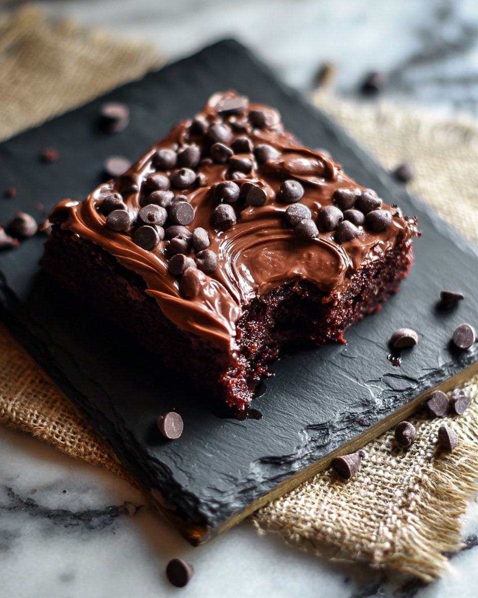 A single square piece of dark brown chocolate brownie sits on a black slate board with rustic edges, topped with a thick layer of shiny, melted milk chocolate spread with visible swirls and sprinkled with plenty of small, round chocolate chips. The brownie texture looks moist and dense, with a bite taken out of one side, showing the soft inside. More chocolate chips are spread around the board. The board rests on a rough fabric mat placed on a white marbled surface. photo taken with an iphone --ar 4:5 --v 7