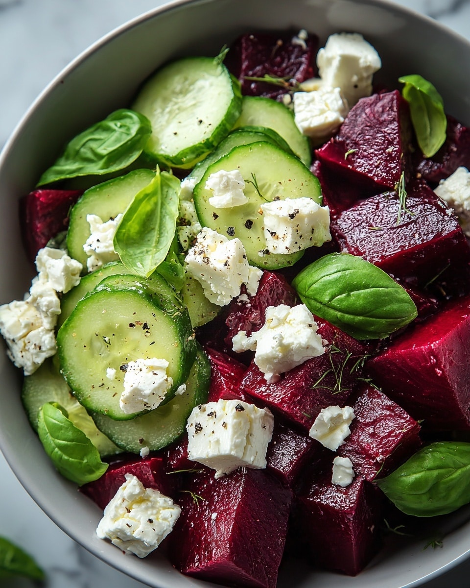 A close-up of a bowl filled with a colorful salad featuring three main layers: at the bottom, deep magenta beet cubes cover most of the bowl with a shiny, moist texture; scattered throughout are bright green fresh basil leaves adding a soft, leafy texture; on top, thick slices of cucumber with a pale green center and darker green skin are spread evenly, mixed with white feta cheese cubes and small crumbles, each piece sprinkled lightly with black cracked pepper. The bowl is white and the setting is a white marbled surface. Photo taken with an iphone --ar 4:5 --v 7