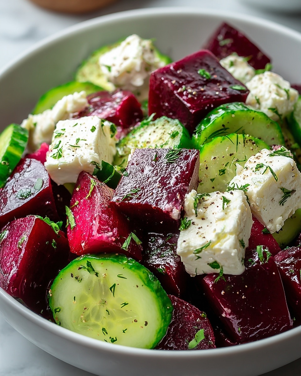 A close-up view of a fresh salad served in a white bowl, showing three main layers: deep ruby red beet cubes with a glossy texture, bright green cucumber slices with visible seeds and smooth skin, and creamy white cheese cubes that look soft and crumbly, all sprinkled with finely chopped green herbs and a light seasoning of black pepper. The salad pieces are mixed closely together, some glistening with a slight shine from dressing, set on a white marbled surface. photo taken with an iphone --ar 4:5 --v 7