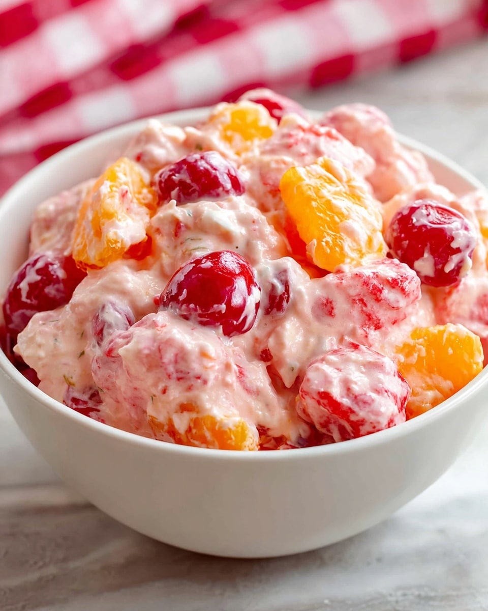 A white bowl filled with a creamy fruit salad showing three main layers: the base is a light pink creamy mixture with a fluffy texture, scattered with chunky pieces of bright red cherries, orange segments with a shiny, juicy look, and small bits of red berries mixed throughout. The fruit pieces are coated in the pink cream, giving a moist and chunky appearance, the bowl sitting on a white marbled surface with a soft focus red and white checkered cloth in the background. photo taken with an iphone --ar 4:5 --v 7
