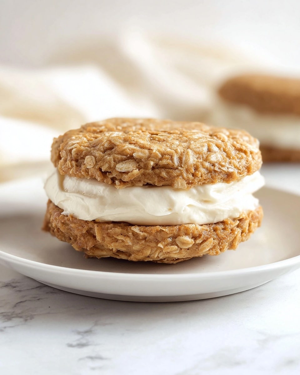 The image shows a close-up of a sandwich cookie on a white plate resting on a white marbled surface. The sandwich has two thick, soft, light brown oatmeal cookies with visible oats throughout their textured surface. Between the cookies is a smooth, thick layer of white cream filling, evenly spread and slightly raised above the cookie edges. The background is soft and blurred, highlighting the cookie sandwich as the main focus. Photo taken with an iphone --ar 4:5 --v 7