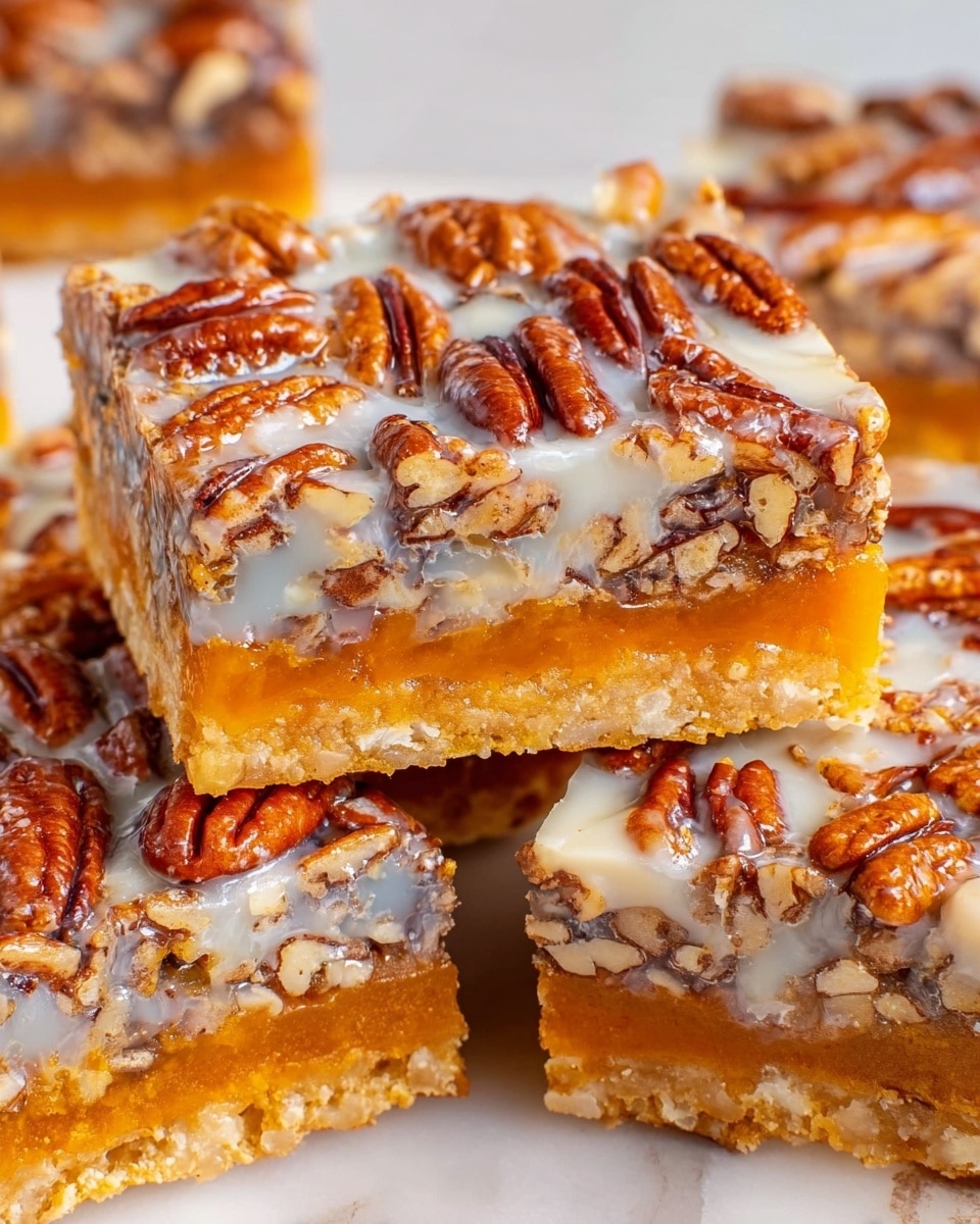 A close-up of three pecan bars stacked on a white marbled surface, each bar showing three clear layers: a light golden crust base, a middle orange layer with a smooth texture, and a thick top layer fully covered with whole pecan halves glazed in a shiny, creamy white sauce. The pecans are glossy with a rich brown color and slightly crunchy look, arranged unevenly but packed across the surface. The bars have clean, sharp edges with the top layer slightly melting over the sides. Photo taken with an iphone --ar 4:5 --v 7