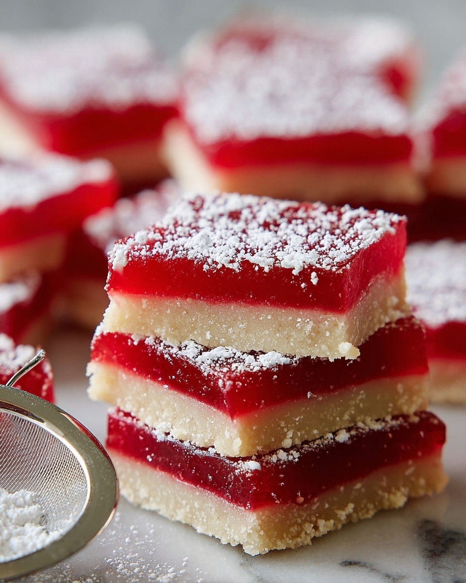 A close-up view of stacked square dessert bars with two distinct layers: a thick, bright red jelly-like top layer with a smooth, glossy texture, and a thinner, pale beige bottom layer that looks crumbly and soft. The top of each bar is evenly dusted with fine white powdered sugar. The bars are placed on a white marbled surface, with a metal sieve filled with powdered sugar visible in the foreground. Photo taken with an iphone --ar 4:5 --v 7