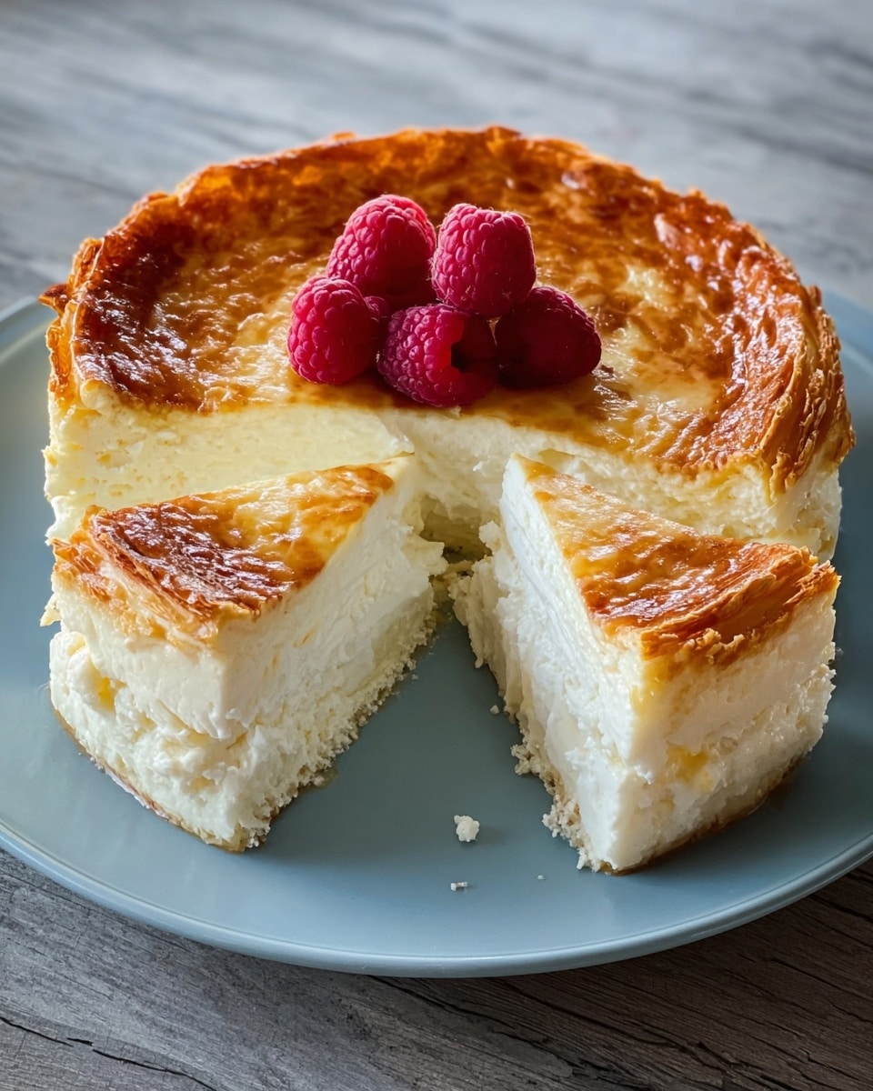 The image shows a blue plate with a slice of a round, layered pastry placed on it. The pastry has two main layers: the bottom layer is creamy white with a smooth texture, and the top layer is a golden-brown, flaky crust with a slightly shiny surface and swirled patterns. The plate is set on a white marbled surface. Photo taken with an iphone --ar 4:5 --v 7