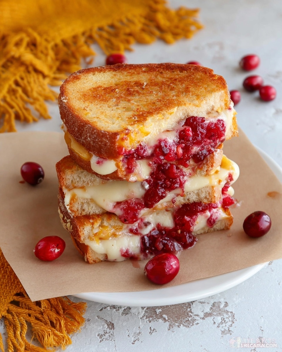 A grilled sandwich stacked with three layers of toasted bread that are golden brown and crispy on the outside, with melted creamy cheese oozing out between each layer. Between the bread slices are generous spreads of vibrant red cranberry sauce, adding a juicy, slightly chunky texture that contrasts with the smooth melted cheese. The sandwich is placed on a piece of wax paper on a white plate with soft light highlighting the warm colors. Whole cranberries are scattered nearby, enhancing the festive look. The background is a white marbled texture with a hint of rough fabric and a fringed yellow cloth on the side. Photo taken with an iphone --ar 4:5 --v 7