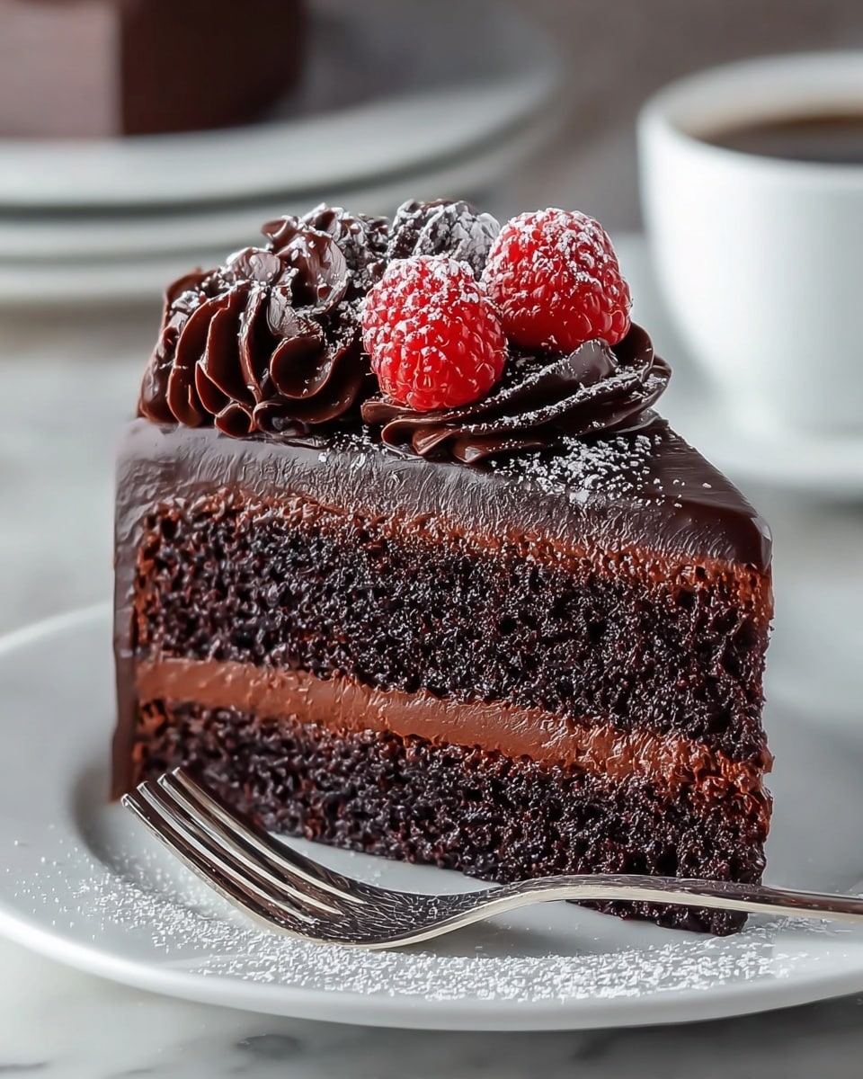 A slice of chocolate cake with three main layers is shown on a white plate set on a white marbled texture. The bottom and middle layers are dark, moist chocolate cake with a smooth, thick layer of chocolate frosting between them. The top layer is a glossy chocolate ganache covering the slice. On top, there are several swirls of dark chocolate frosting, decorated with three fresh red raspberries dusted with powdered sugar. A fork rests on the plate beside the cake, also dusted lightly with powdered sugar. The background is softly blurred, featuring a white cup. photo taken with an iphone --ar 4:5 --v 7