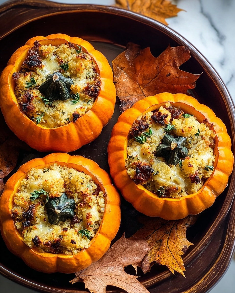 Three small bright orange pumpkins are hollowed out and filled with a crumbly, slightly browned stuffing that has bits of melted cheese and small green herb leaves on top. Each pumpkin still has its short, dark green stem attached in the center of the filling. The pumpkins sit close together inside a dark brown round pan, with a few dry, brown autumn leaves scattered around them. The whole scene is set against a white marbled texture. photo taken with an iphone --ar 4:5 --v 7